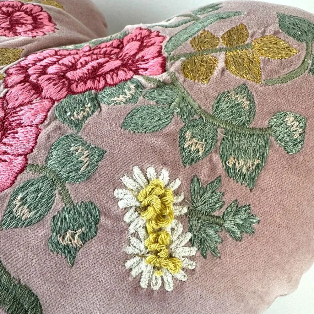 Pottery Barn Velvet Embroidered Heart Shaped Pillow Blush Pink Cottagecore Rare